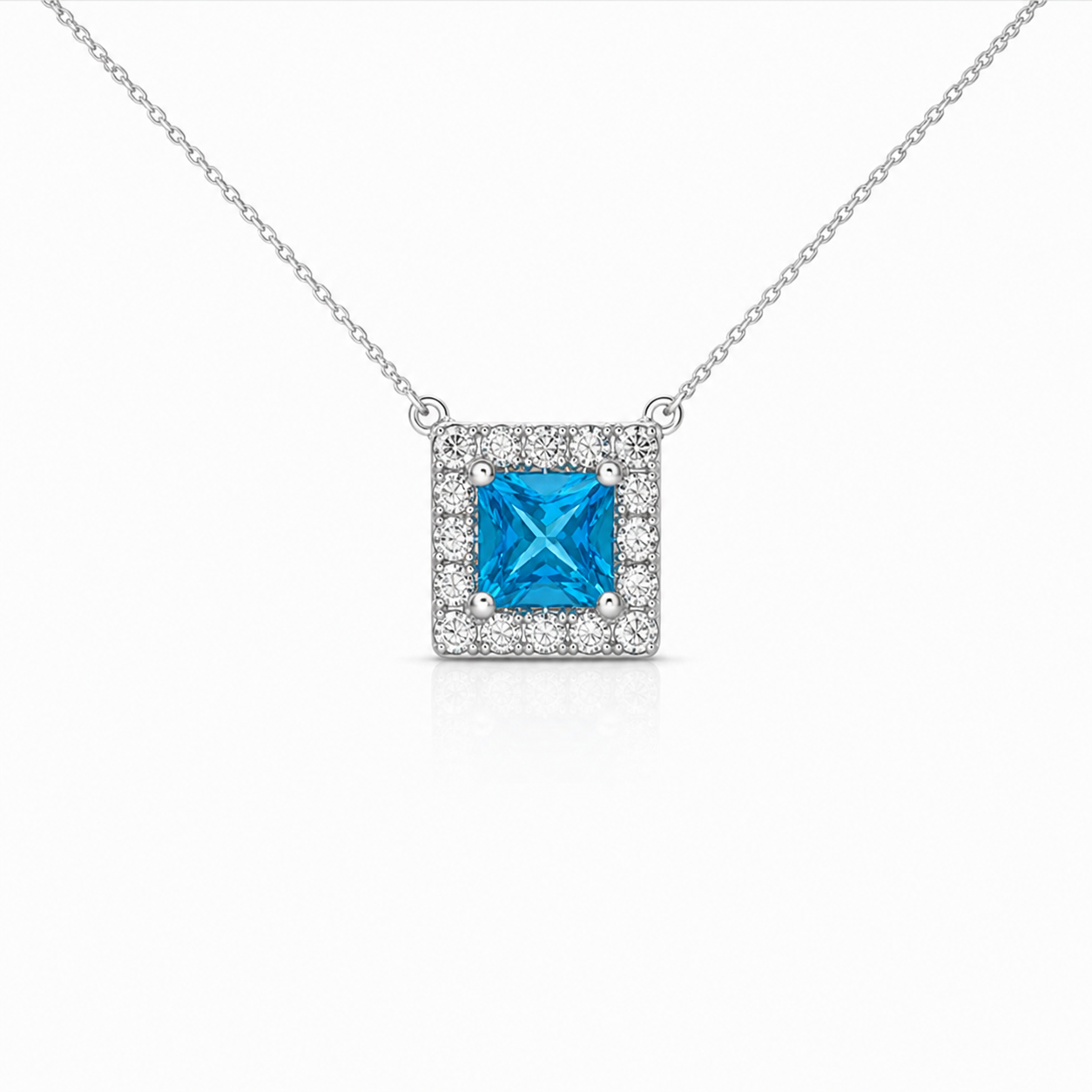 White Gold Princess Cut Blue Topaz and Diamond Necklace