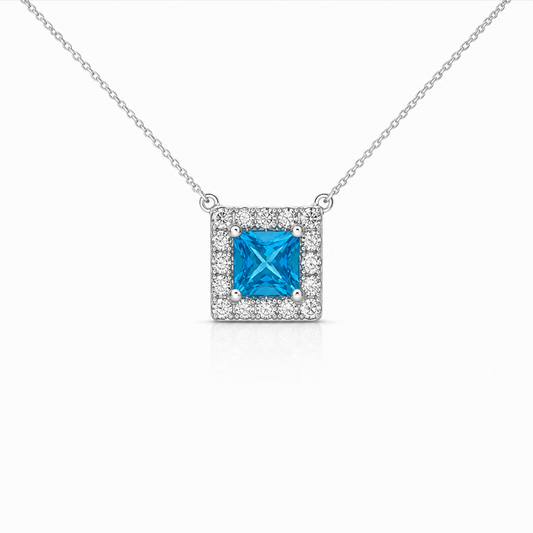 White Gold Princess Cut Blue Topaz and Diamond Necklace