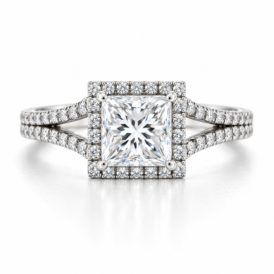 1.45 CTW Princess Cut Diamond Halo Split Shank Engagement Ring in 14K White Gold