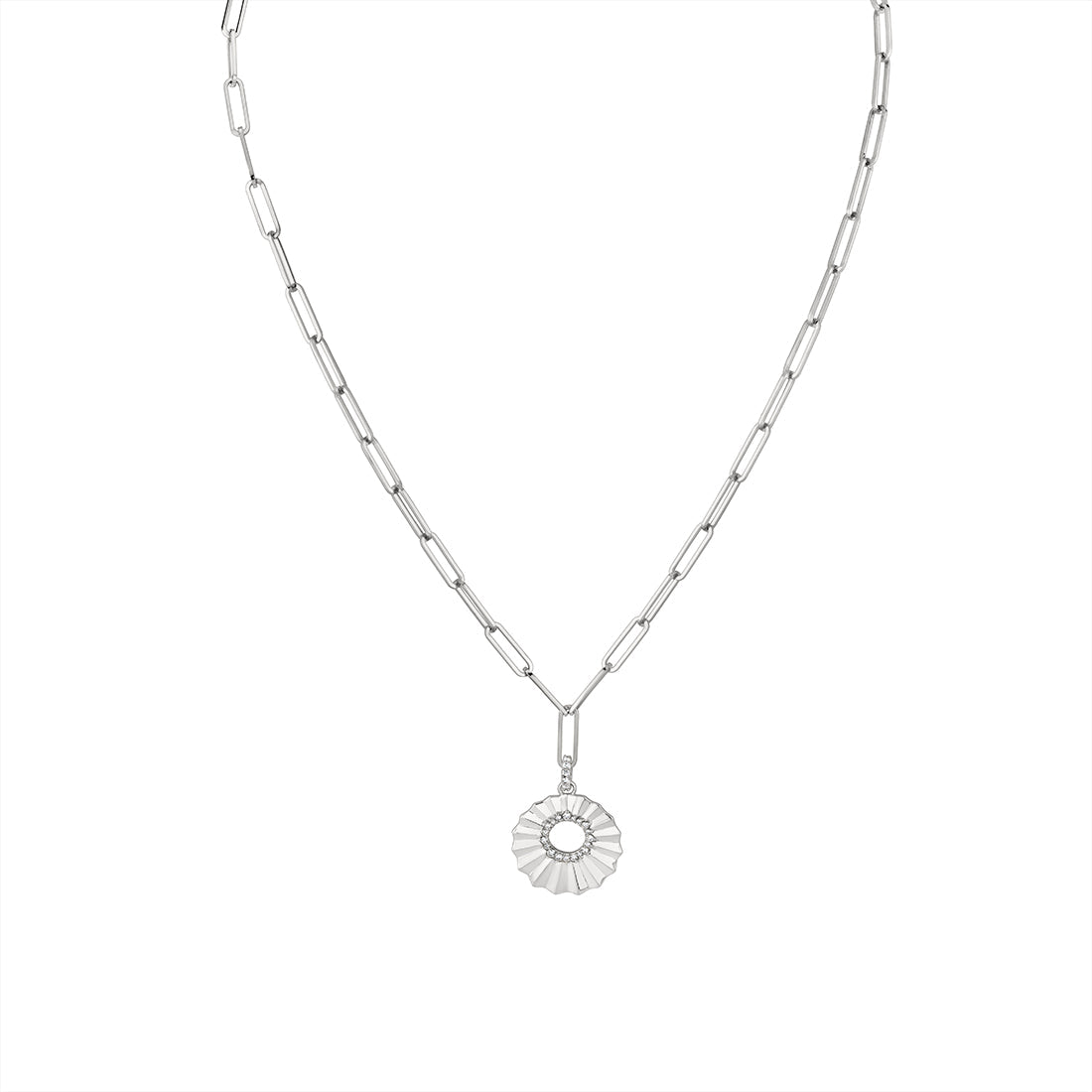 Lineaire Sculpted Open Medallion Diamond Pendant with Paperclip Chain