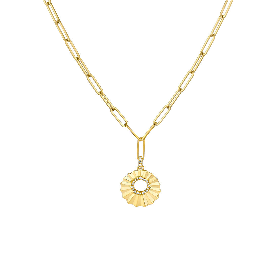 Lineaire Sculpted Open Medallion Diamond Pendant with Paperclip Chain