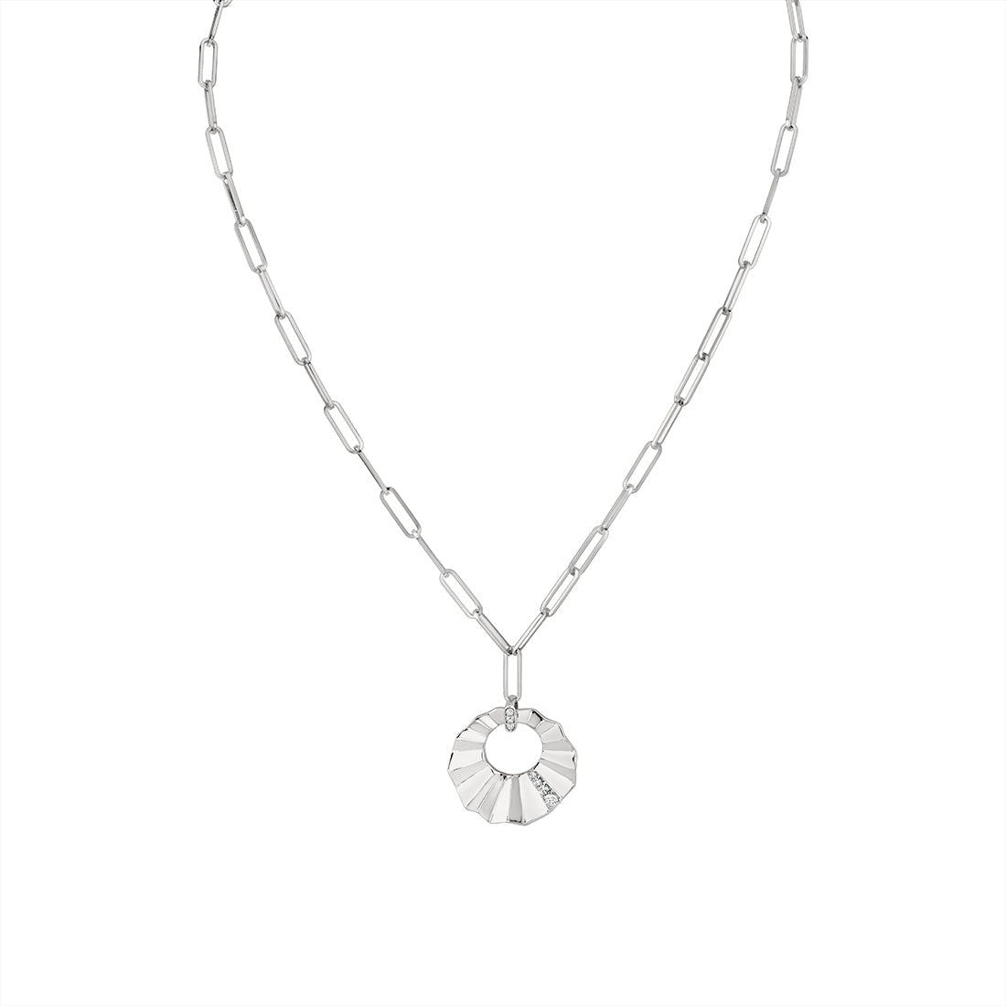 Lineaire Sculpted Open Medallion Diamond Pendant with Paperclip Chain