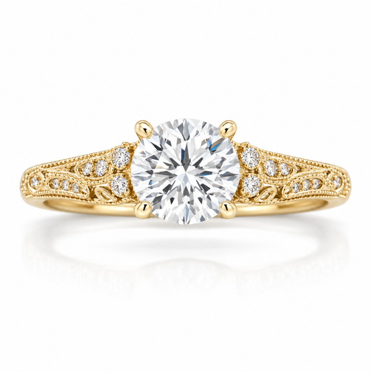 1.01 CT Round Diamond Vintage Engagement Ring in 14K Yellow Gold