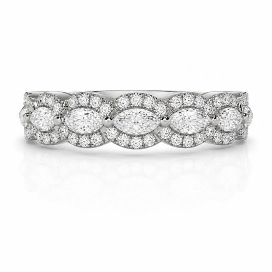 White Gold Scalloped Fashion Ring with Marquise and Round Diamonds