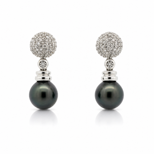 White Gold Tahitian Pearl and Diamond Drop Earrings
