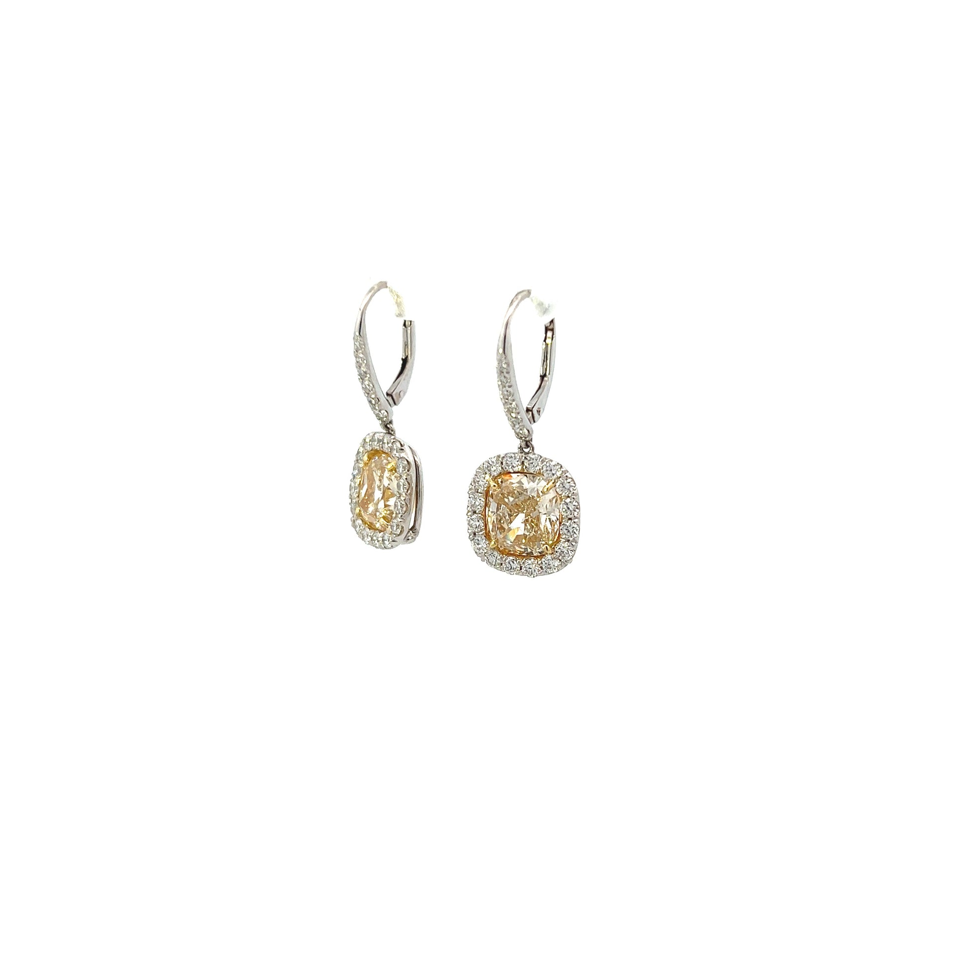 Platinum and 18K Yellow Gold Cushion Cut Fancy Yellow Diamond Halo Drop Earrings (7.25ctw) 