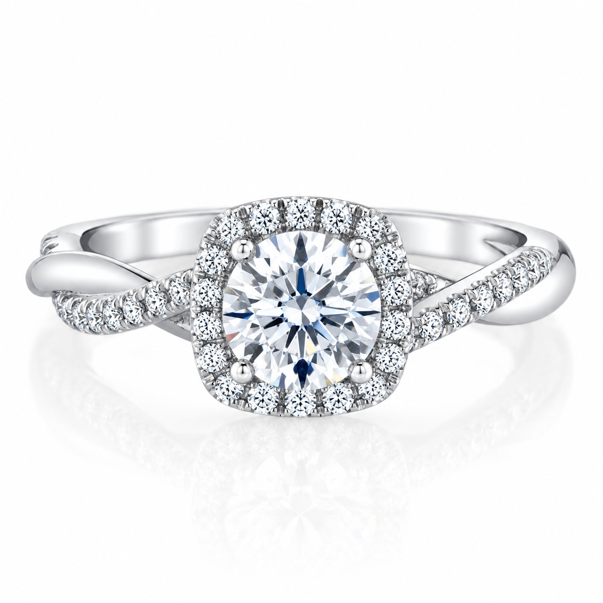 1.28 CTW Round Diamond Cushion Halo Twist Engagement Ring in 14K White Gold