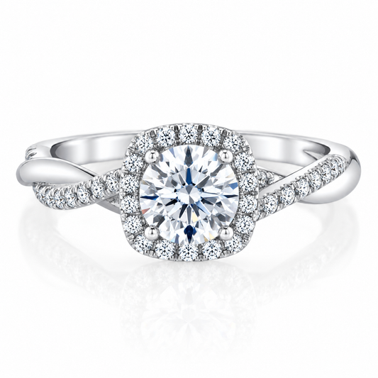 1.28 CTW Round Diamond Cushion Halo Twist Engagement Ring in 14K White Gold