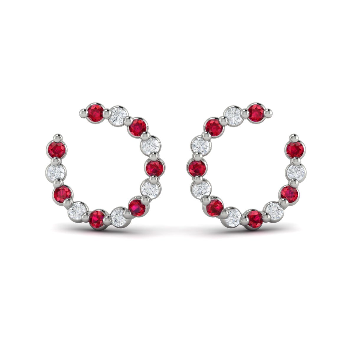 Forward-facing Diamond and Ruby  Open Hoop Earrings
