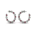 Forward-facing Diamond and Ruby  Open Hoop Earrings