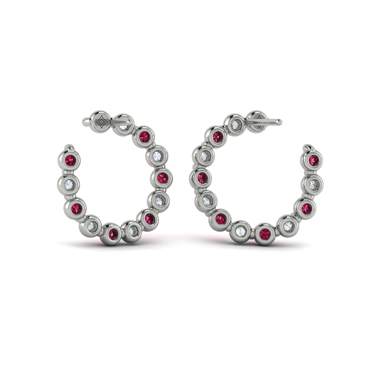 Forward-facing Diamond and Ruby  Open Hoop Earrings