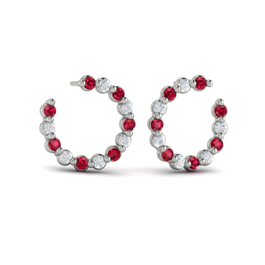 Forward-facing Diamond and Ruby  Open Hoop Earrings