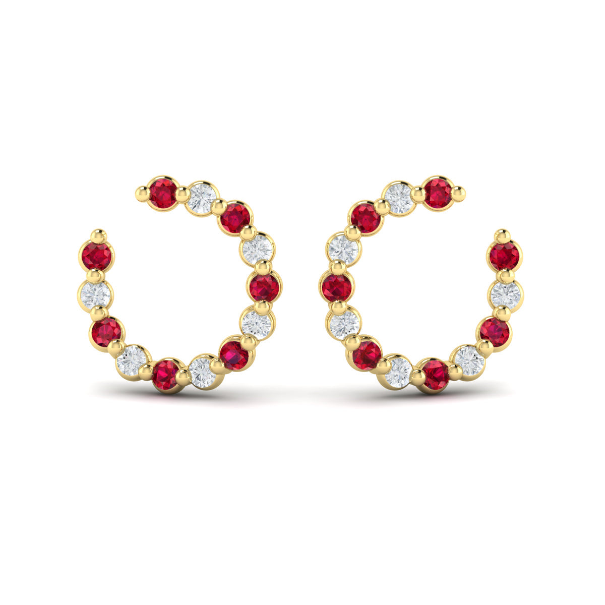 Forward-facing Diamond and Ruby  Open Hoop Earrings