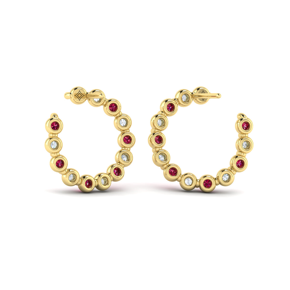 Forward-facing Diamond and Ruby  Open Hoop Earrings