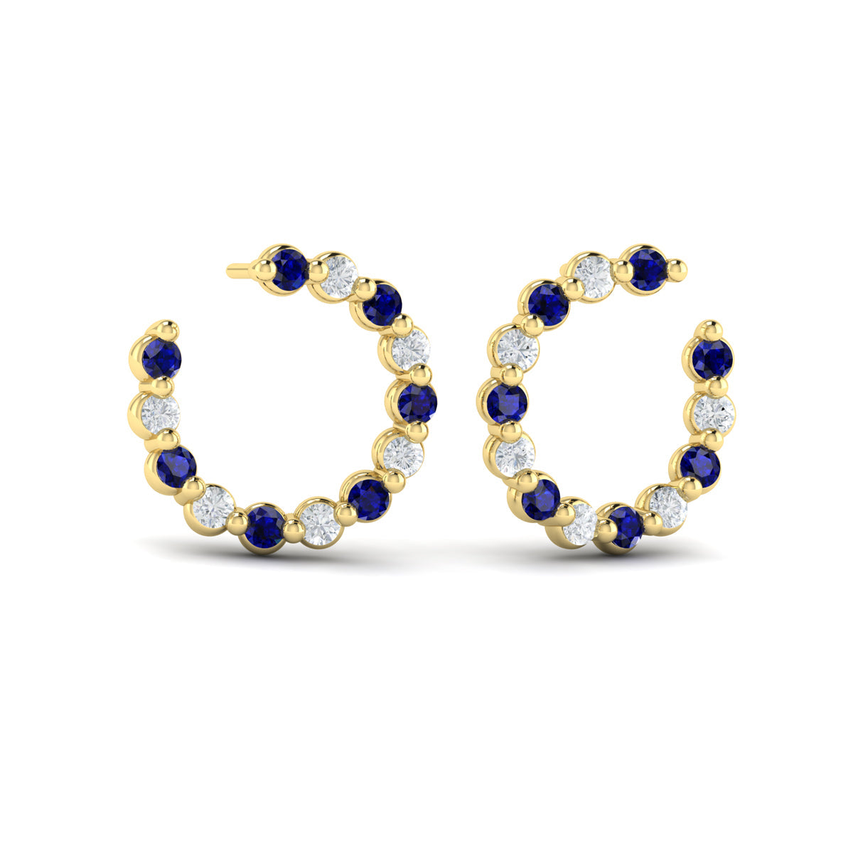 Forward-facing Diamond and Blue Sapphire  Open Hoop Earrings