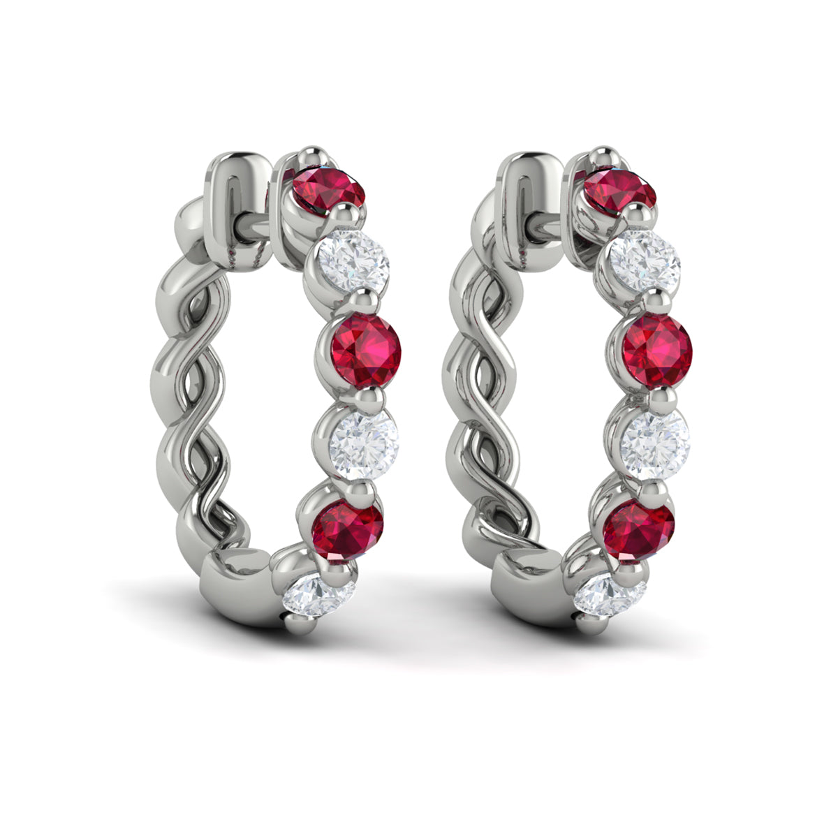 Diamond and Ruby  Twist Hoop Earrings