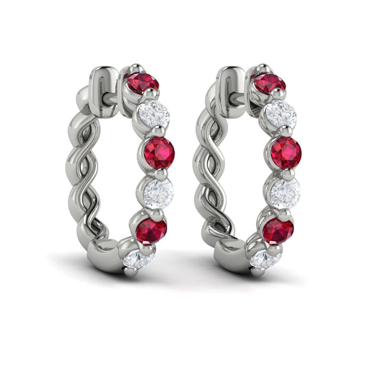 Diamond and Ruby  Twist Hoop Earrings