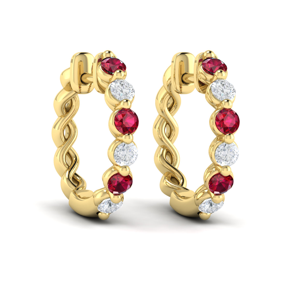 Diamond and Ruby  Twist Hoop Earrings