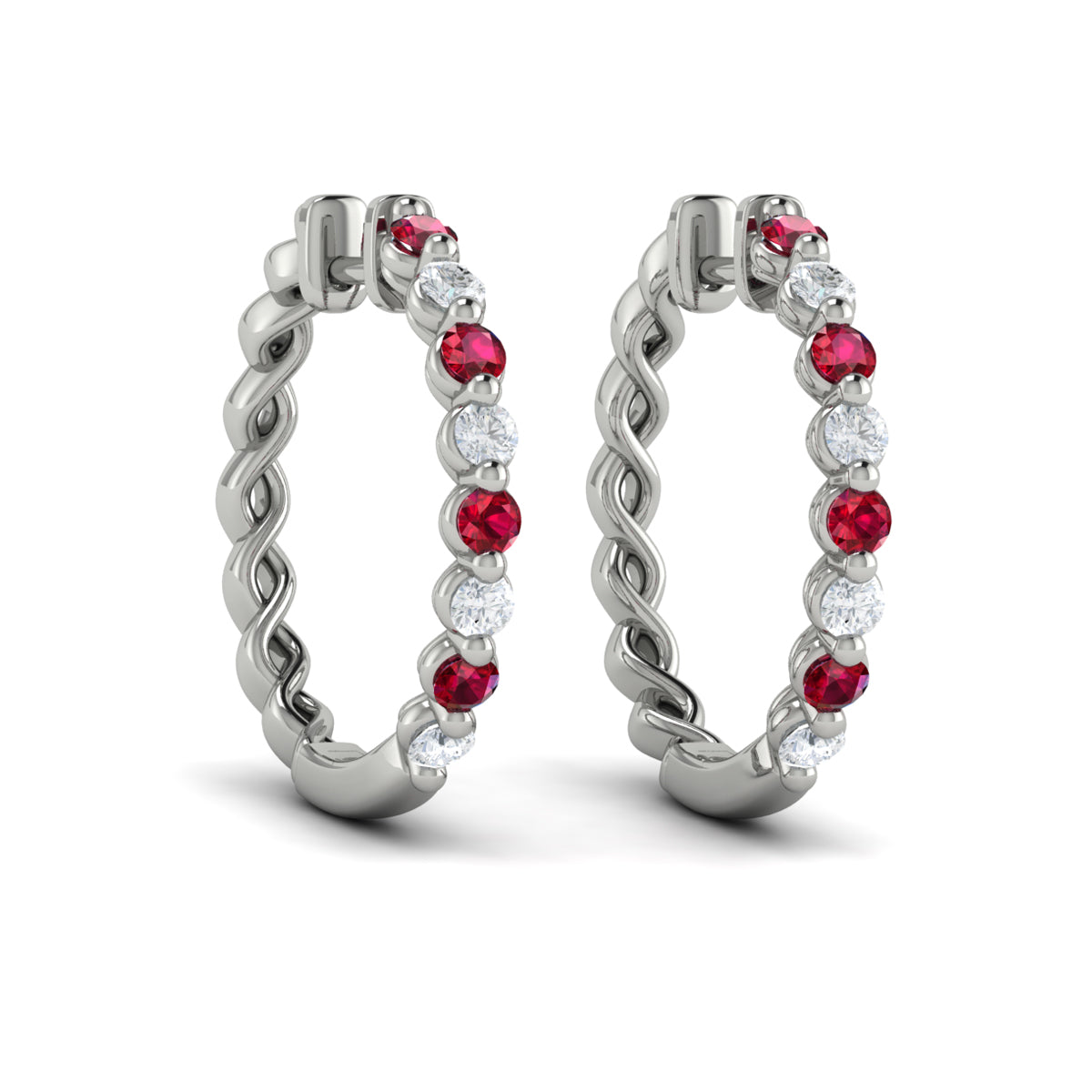 Diamond and Ruby  Twist Hoop Earrings