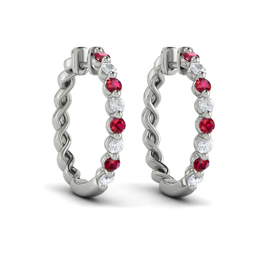 Diamond and Ruby  Twist Hoop Earrings