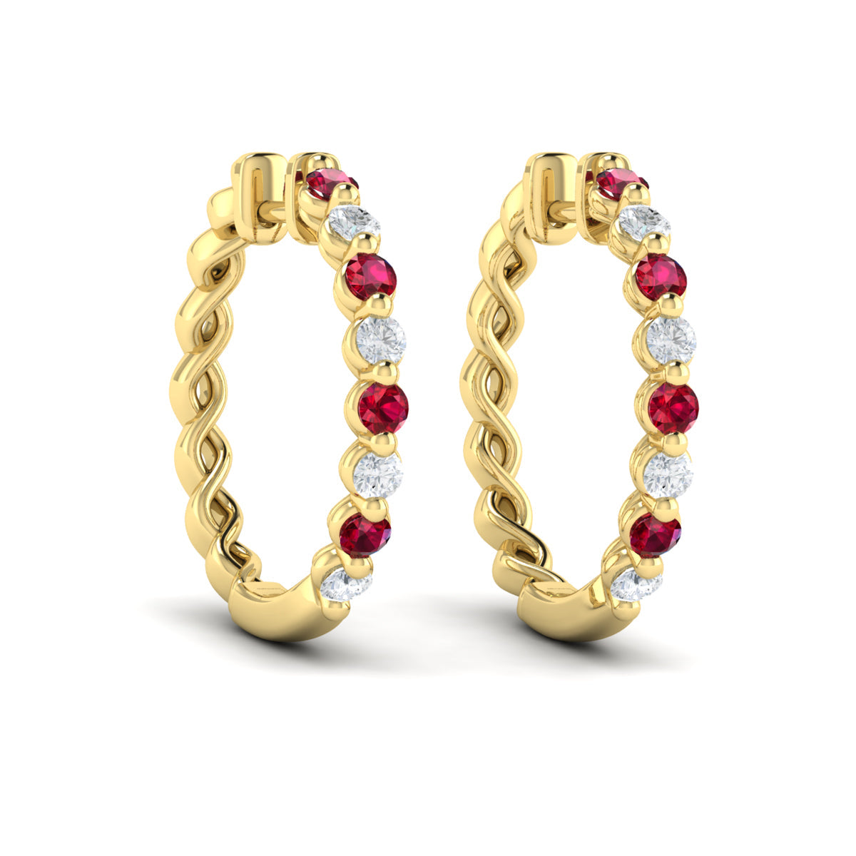 Diamond and Ruby  Twist Hoop Earrings