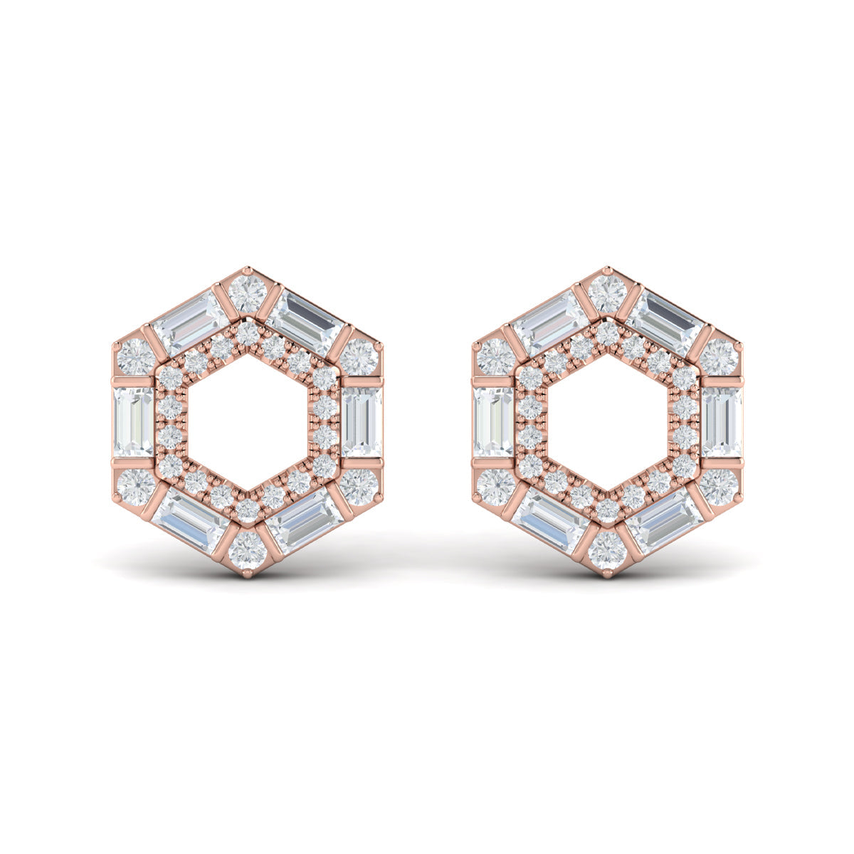 Diamond Baguette Double Row Open Honeycomb Stud Earrings