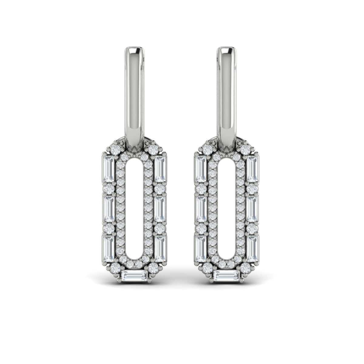 Diamond Baguette Double Row Link Drop Huggie Earrings