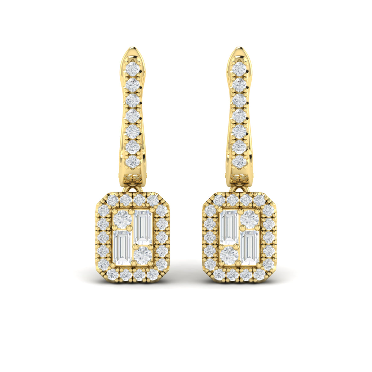 Diamond Baguette Halo Drop Huggie Earrings