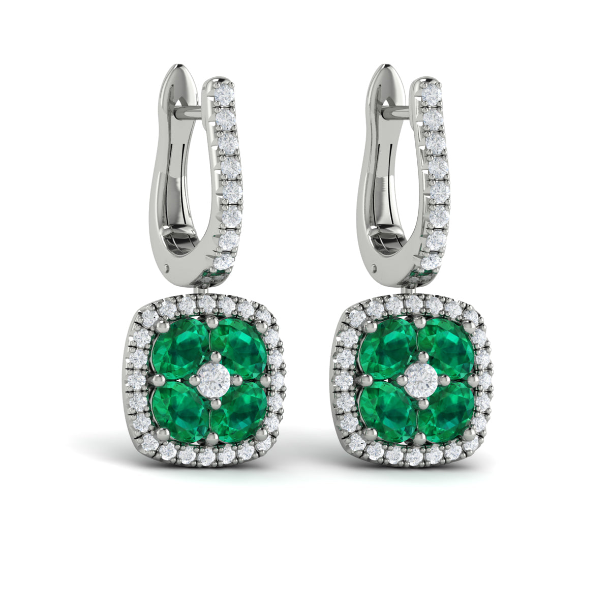 Cushion Diamond and Multi Emerald Earrings