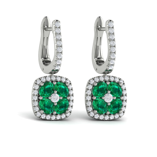 Cushion Diamond and Multi Emerald Earrings