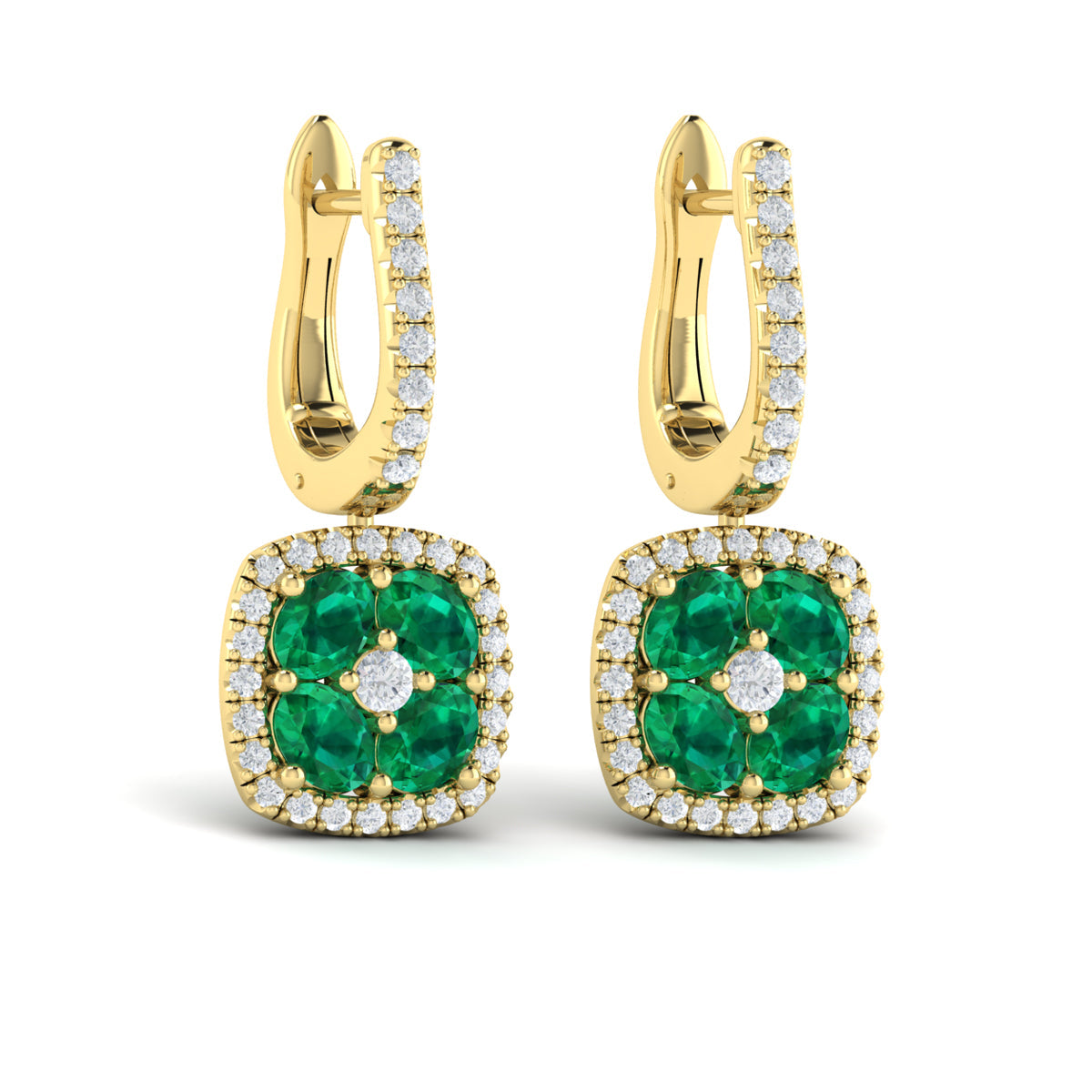 Cushion Diamond and Multi Emerald Earrings