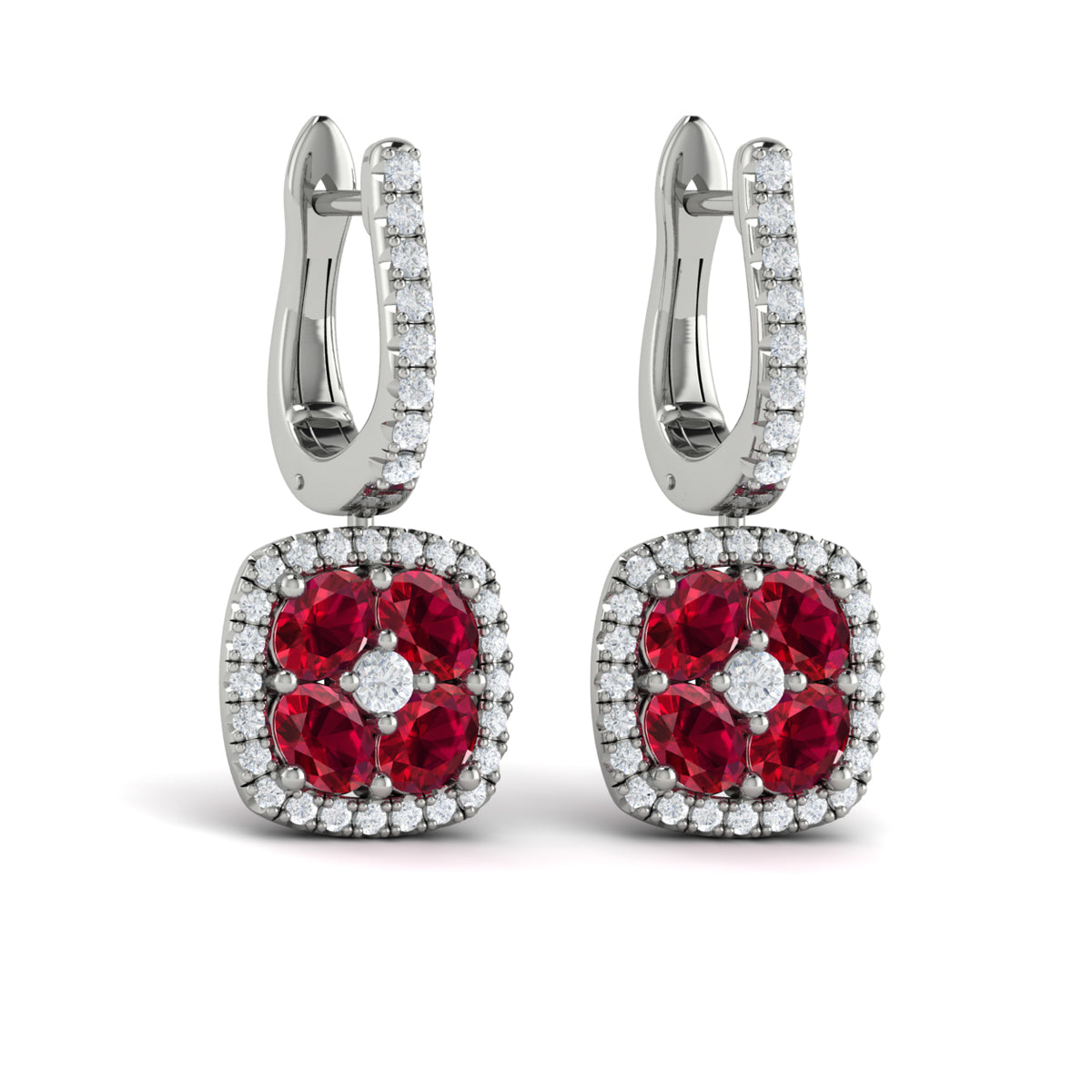 Cushion Diamond and Multi Ruby Earrings