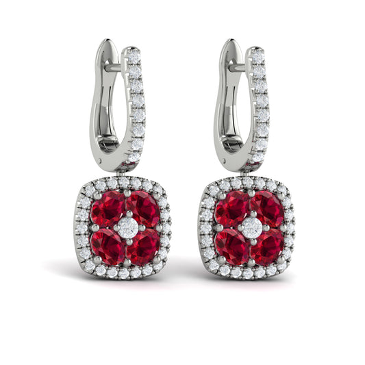 Cushion Diamond and Multi Ruby Earrings