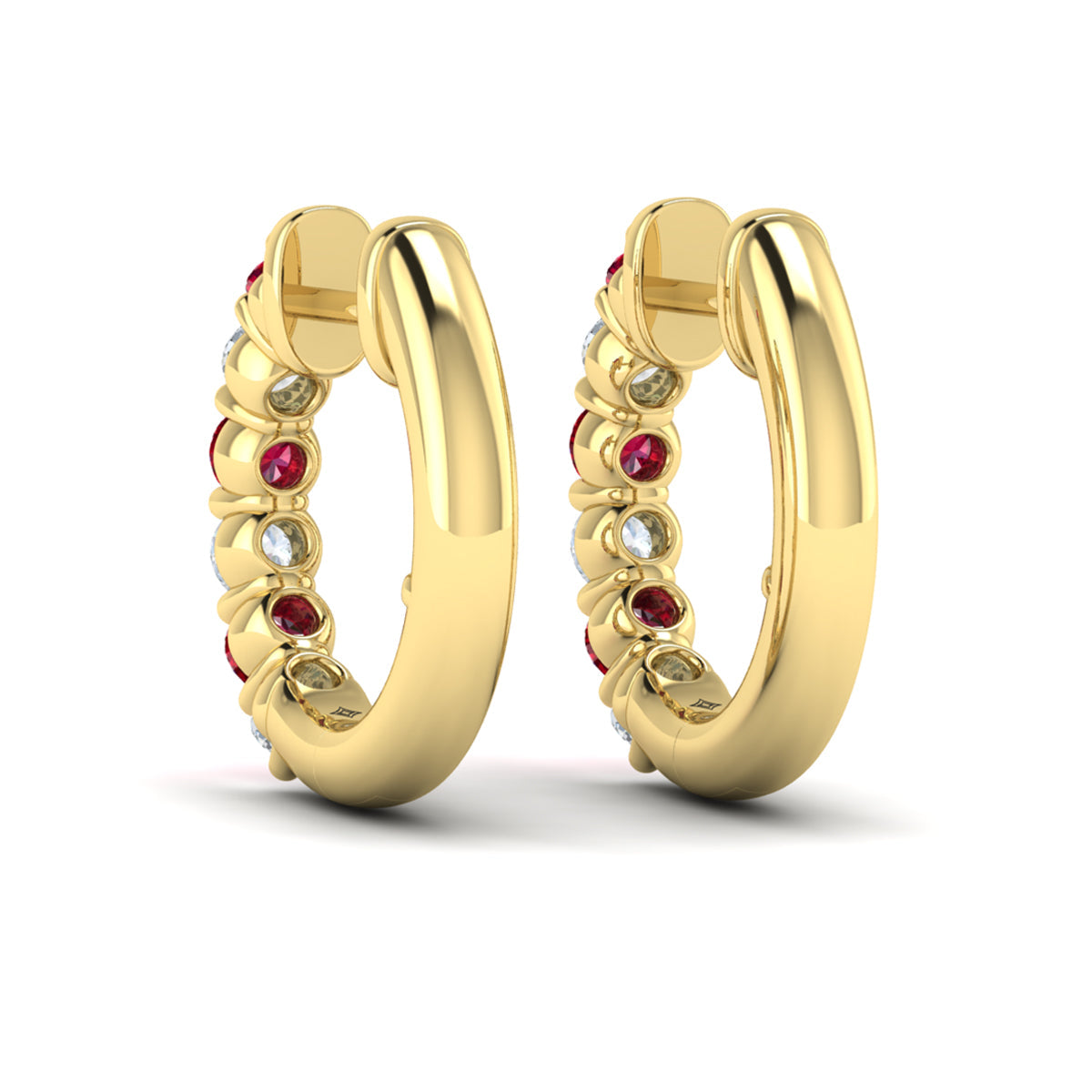 Forward-facing Diamond and Ruby  Open Hoop Earrings