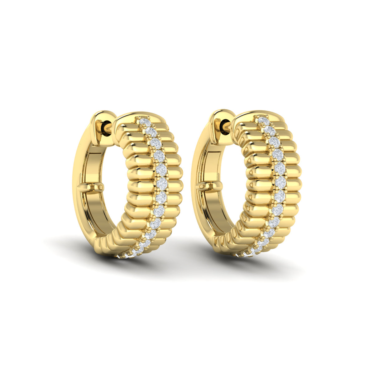 Fluted Huggie Earrings with Center Diamonds