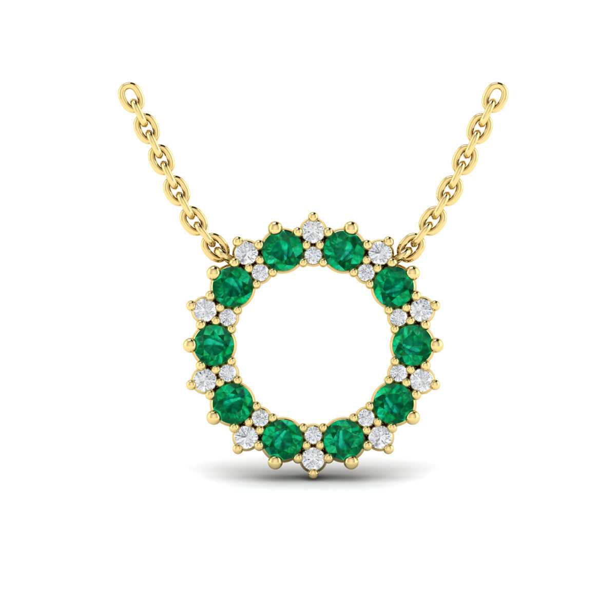 Diamond and Emerald Open Starburst Circle Pendant Necklace