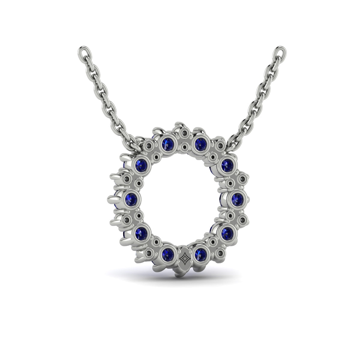 Diamond and Blue Sapphire Open Starburst Circle Pendant Necklace