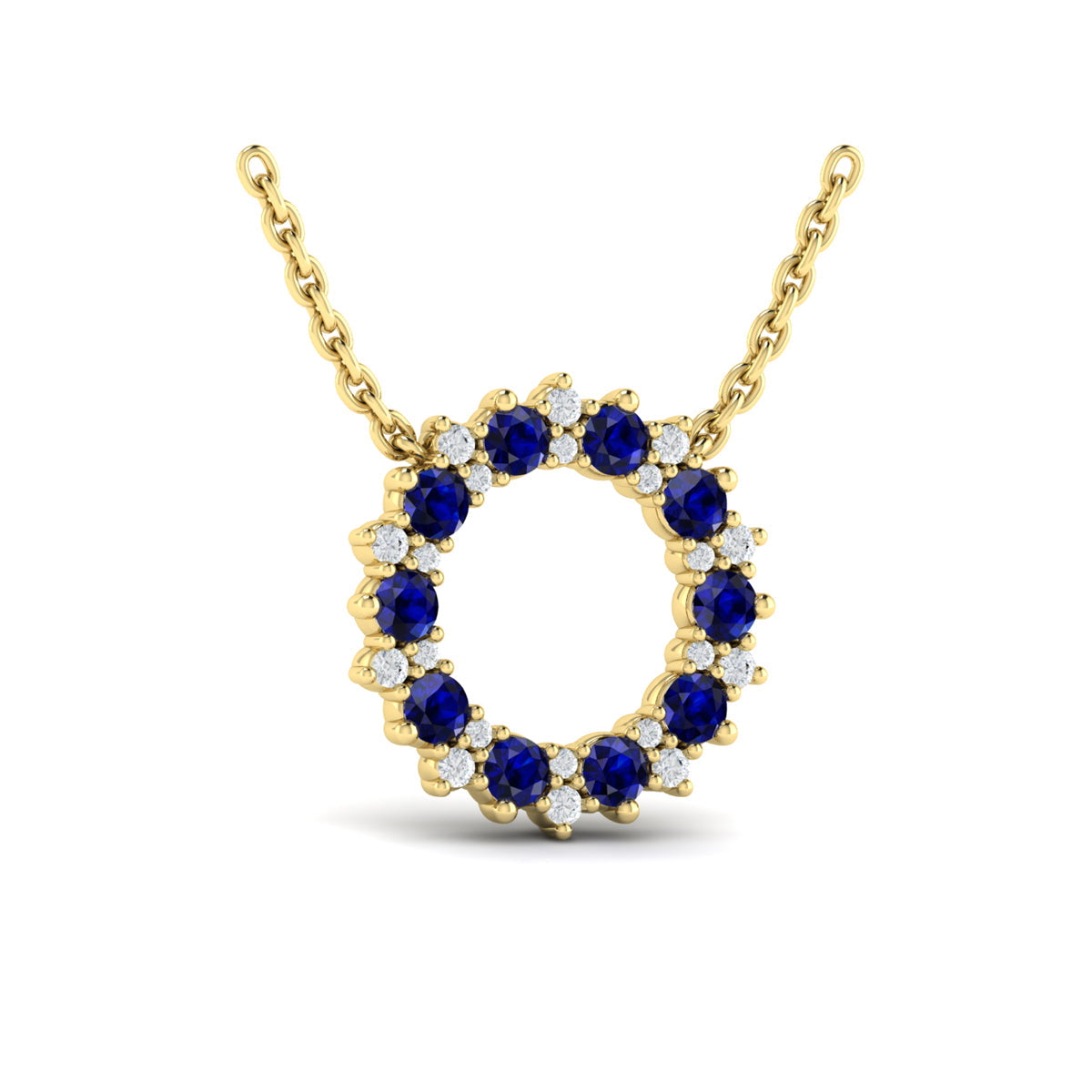 Diamond and Blue Sapphire Open Starburst Circle Pendant Necklace