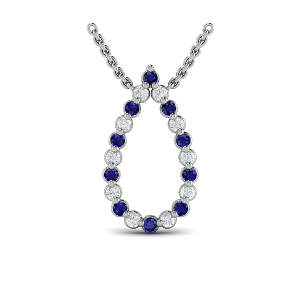 Diamond and Blue Sapphire  Open Teardrop Pendant Necklace