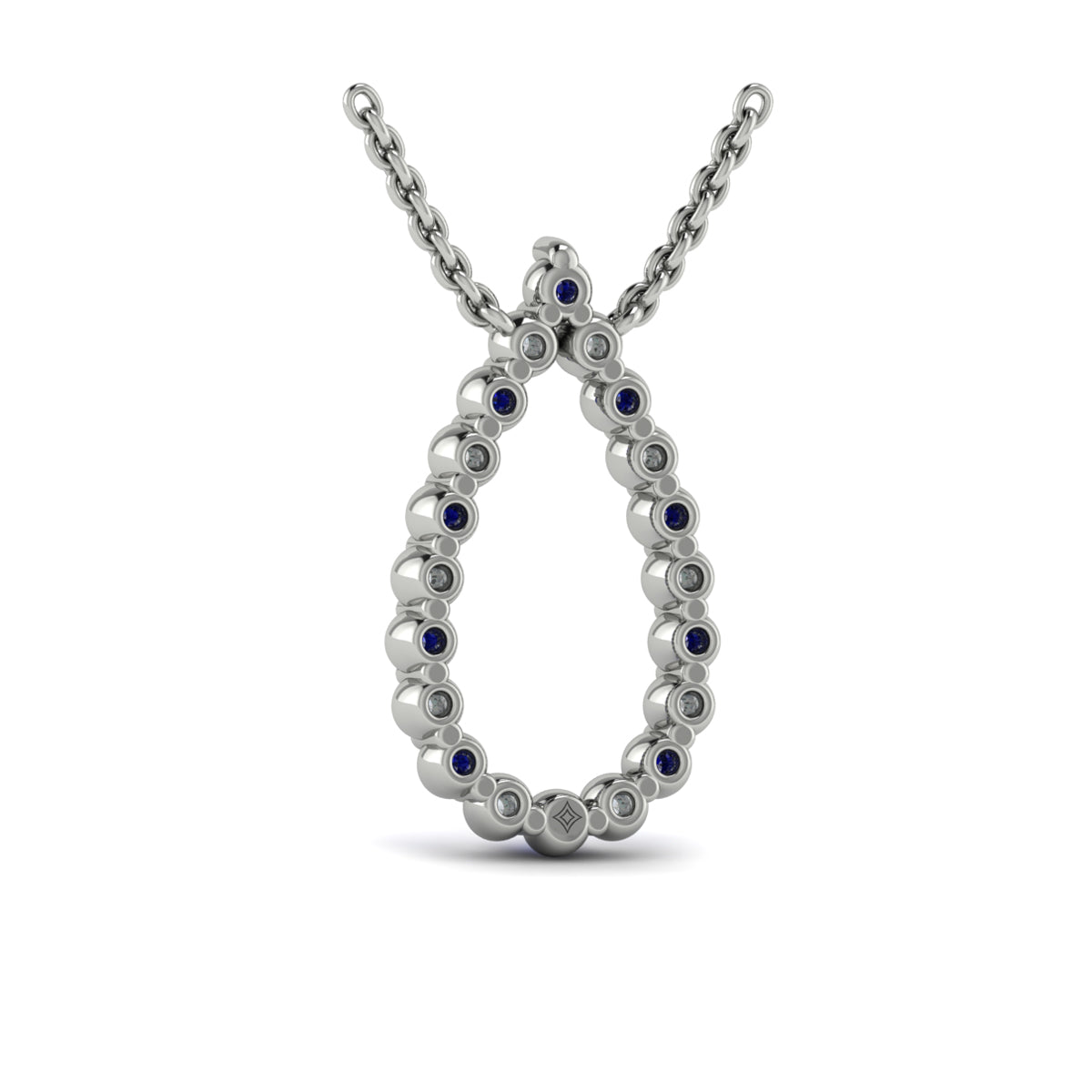 Diamond and Blue Sapphire  Open Teardrop Pendant Necklace