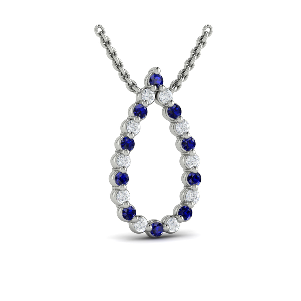 Diamond and Blue Sapphire  Open Teardrop Pendant Necklace