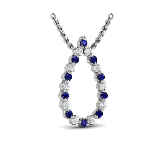 Diamond and Blue Sapphire  Open Teardrop Pendant Necklace