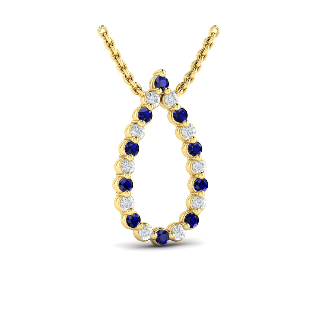 Diamond and Blue Sapphire  Open Teardrop Pendant Necklace