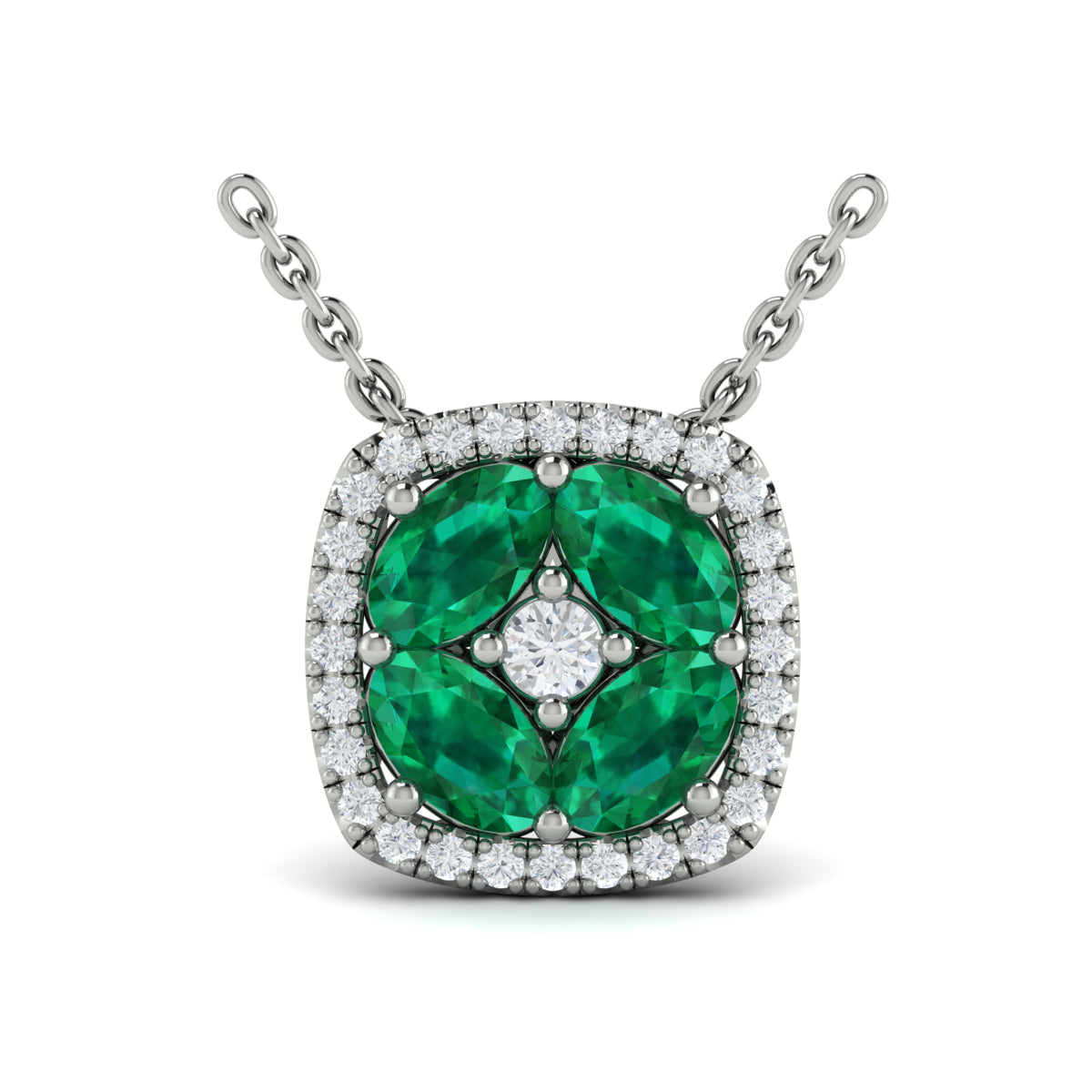 Diamond Cushion Halo and Multi Oval Emerald with Center Diamond Necklace