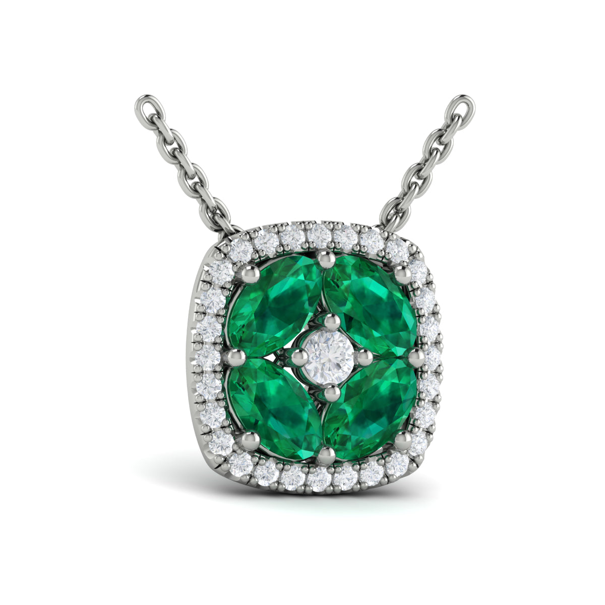 Diamond Cushion Halo and Multi Oval Emerald with Center Diamond Necklace
