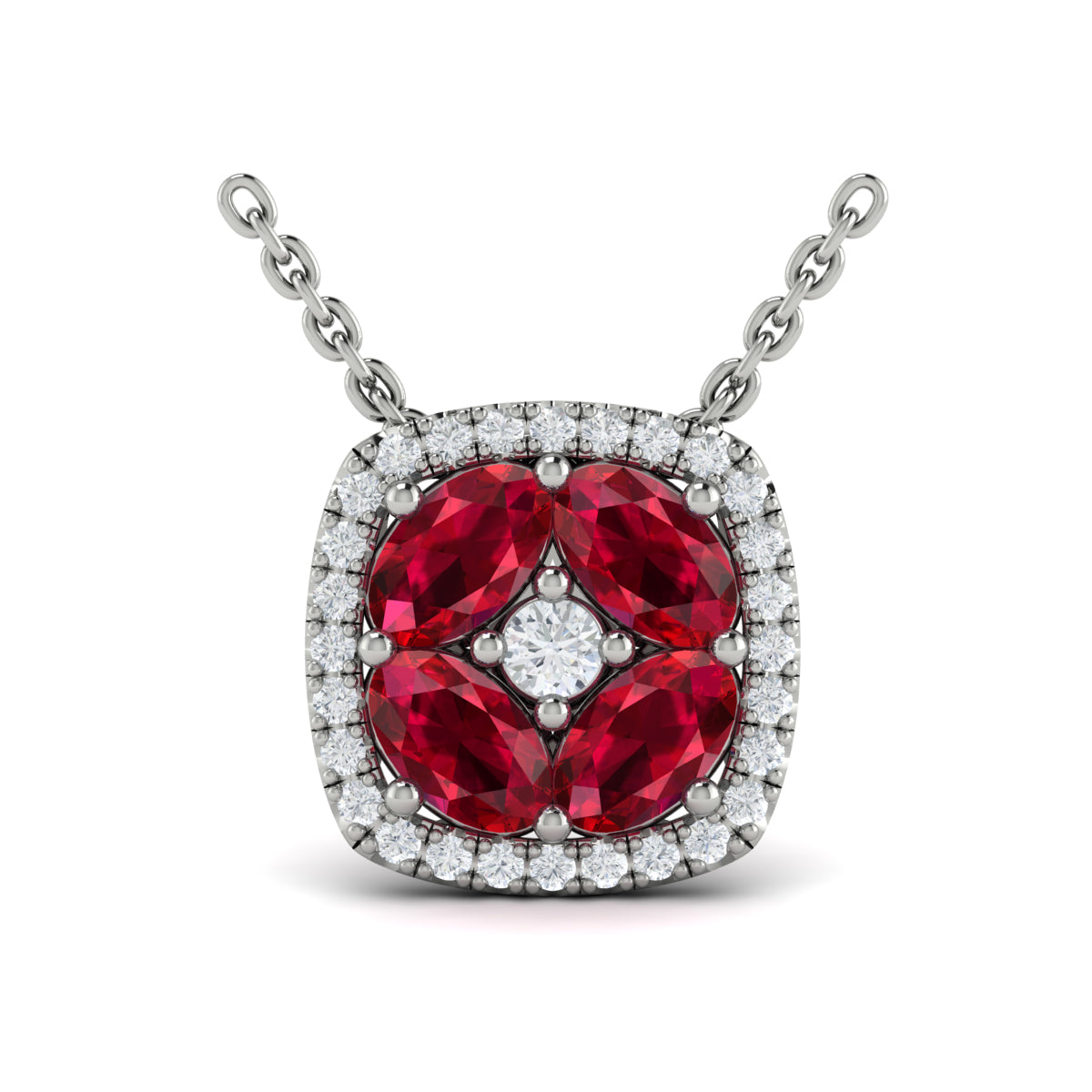 Diamond Cushion Halo and Multi Oval Ruby with Center Diamond Necklace