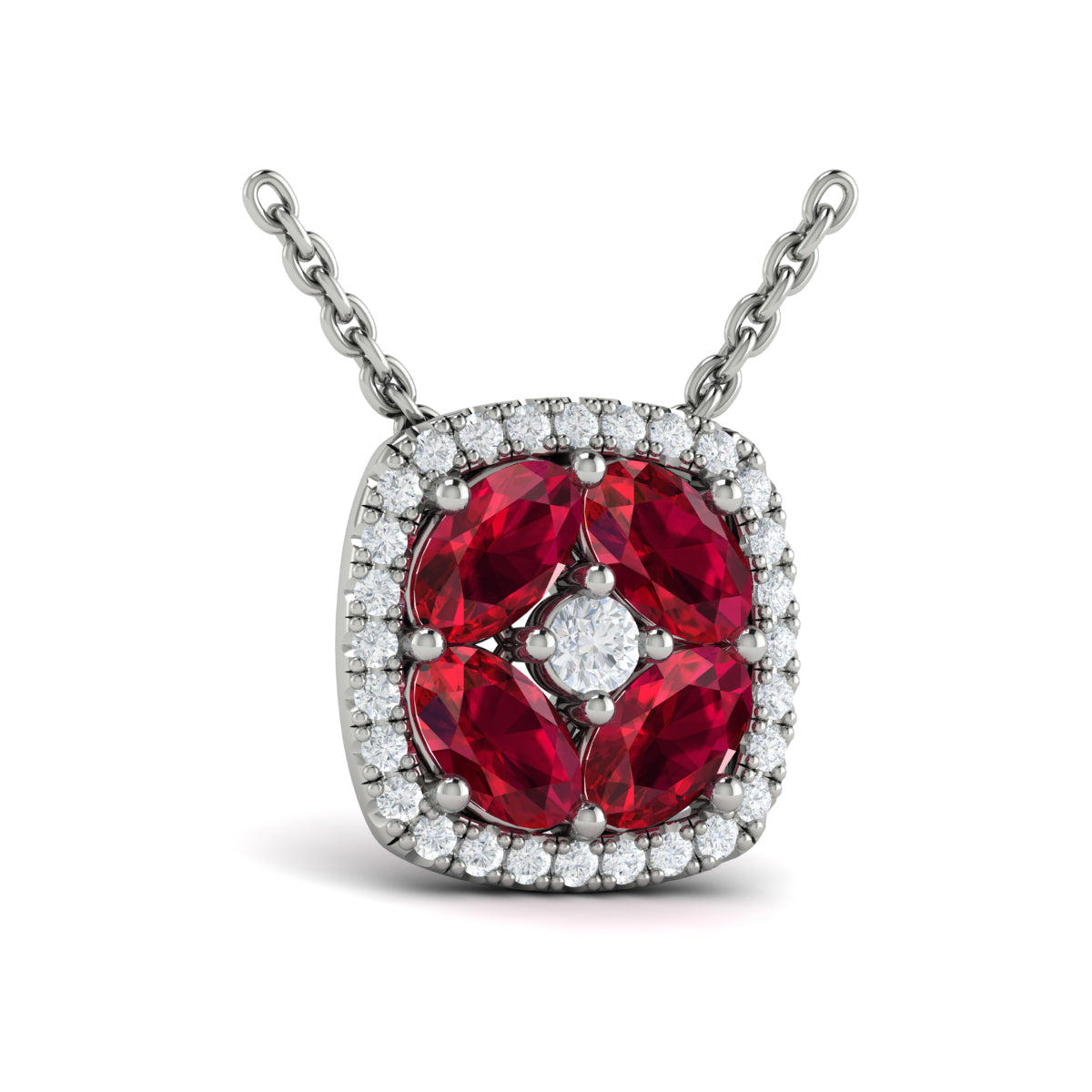 Diamond Cushion Halo and Multi Oval Ruby with Center Diamond Necklace