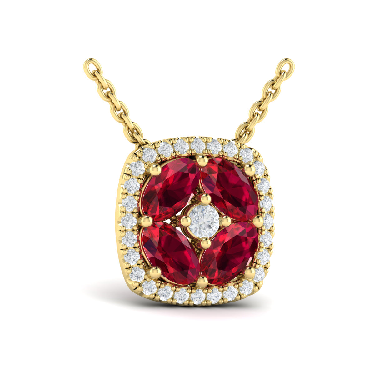 Diamond Cushion Halo and Multi Oval Ruby with Center Diamond Necklace