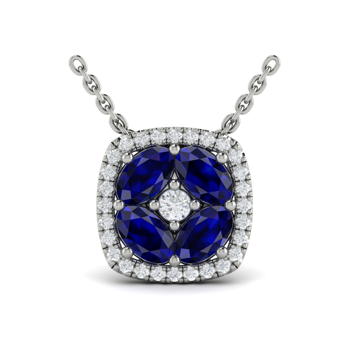 Diamond Cushion Halo and Multi Oval Sapphire with Center Diamond Necklace
