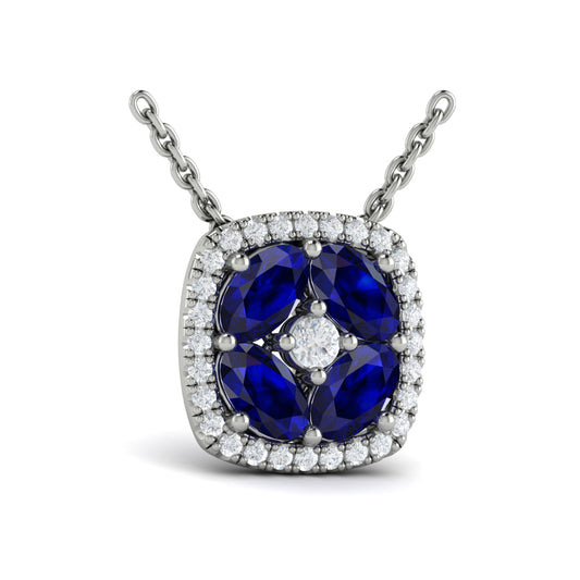 Diamond Cushion Halo and Multi Oval Sapphire with Center Diamond Necklace